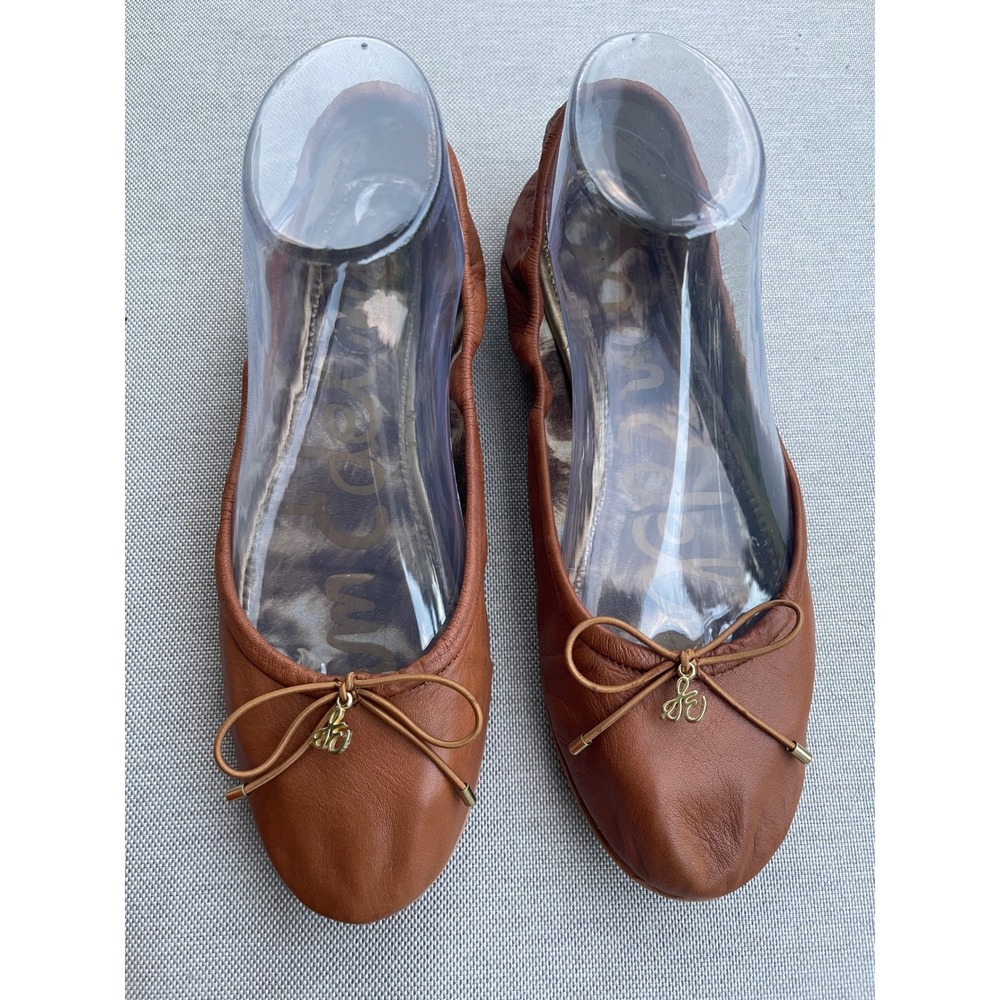 Sam Edelman Felicia Ballet Flats Saddle Brown Leather Bow Logo Shoes Size 8.5